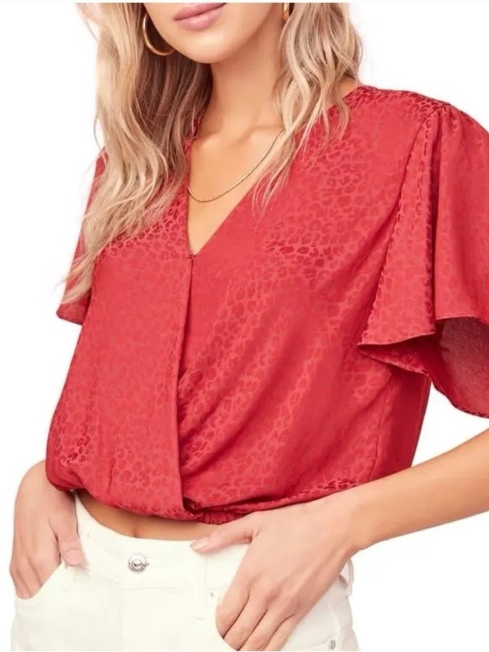 Astr Red V-Neck Draped Flutter Sleeve Blouse